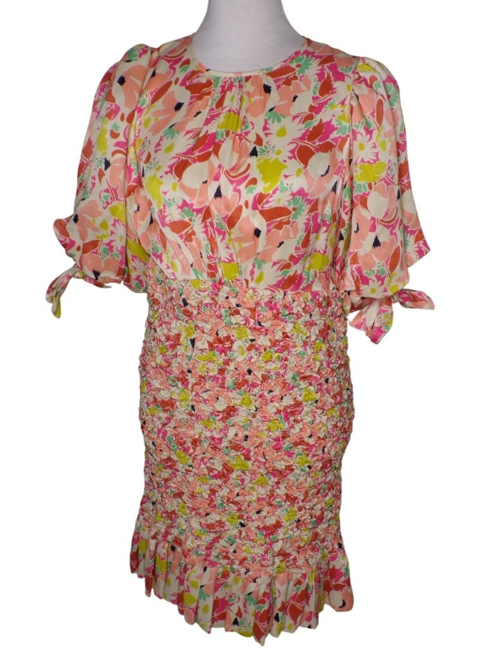 🆕 By TiMo Shirred Smocked Ruffle Crepe Satin Mini Dress Floral Medium - Picture 12 of 16